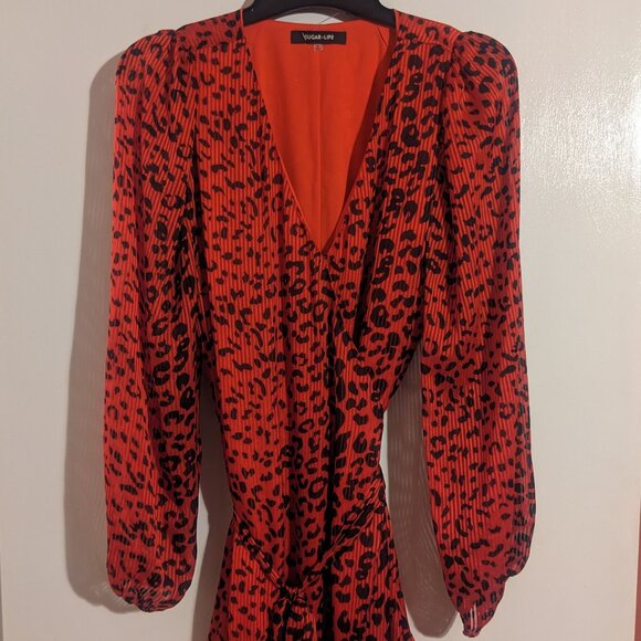 SugarLips Red and Black Animal Print Long Sleeve Wrap Dress - Picture 1 of 5